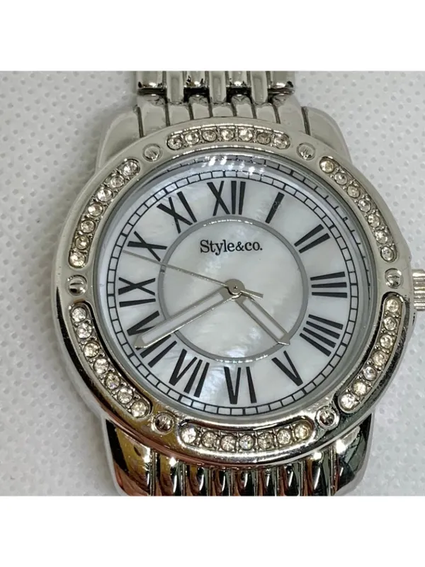Style & co silver tone women watch rhinestones mop dial Roman 6.5” running - Image 3