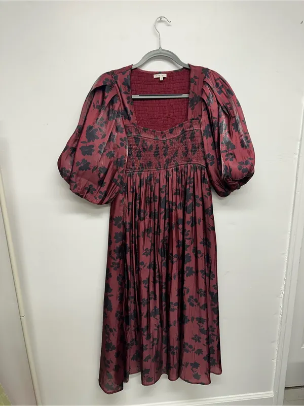 Heart of Mine Burgundy Floral Midi Dress with Puff Sleeves - Image 7