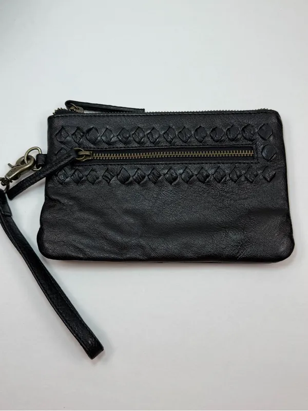 Day & Mood Sting Clutch Wristlet Black Leather Woven Zip Pouch Bag - Image 2