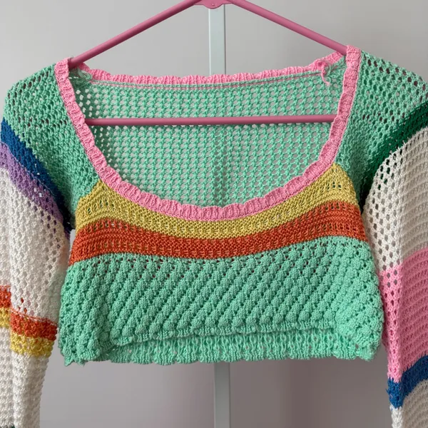 Multicolor sz S‎ Crochet Crop Top Sheer Striped Boho Festival Coastal - Image 3