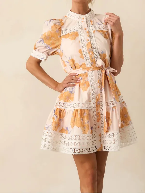 Entro Fall Floral Mini Dress Tie Belt Lace Detail Short Sleeve Size Small S - Image 7