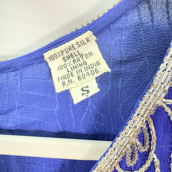 Vintage Royal Blue‎ Silk Beaded Blouse Silver Bugle Bead Scalloped Hem Top Small - Image 11
