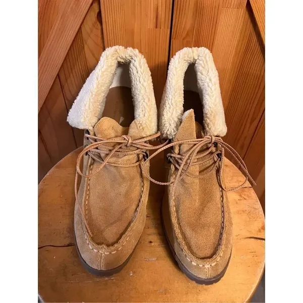 Ruff Hewn Willow Women Size 9.5 M Booties Brown/Tan Sherpa cuff 3.5" Stacked He - Image 2