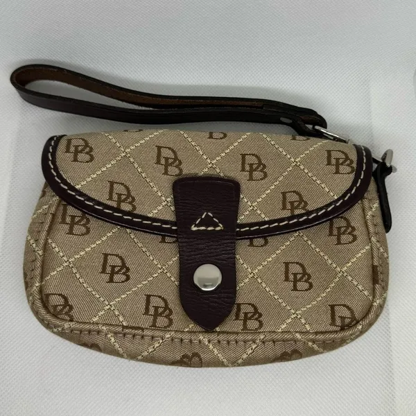 Dooney & Bourke Signature Logo Wristlet Wallet Brown Leather Canvas Flap - Image 6
