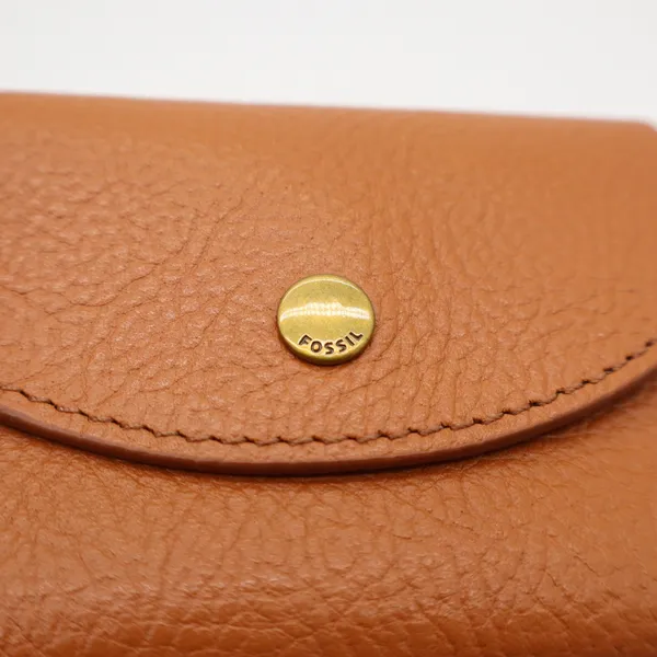 Fossil Tan Pebbled Leather Trifold Compact Wallet with Coin Pouch Brass Snap - Image 2