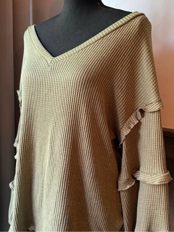 BTFBM Ruffled Sleeve V-Neck Knit Top — Olive large - Image 2