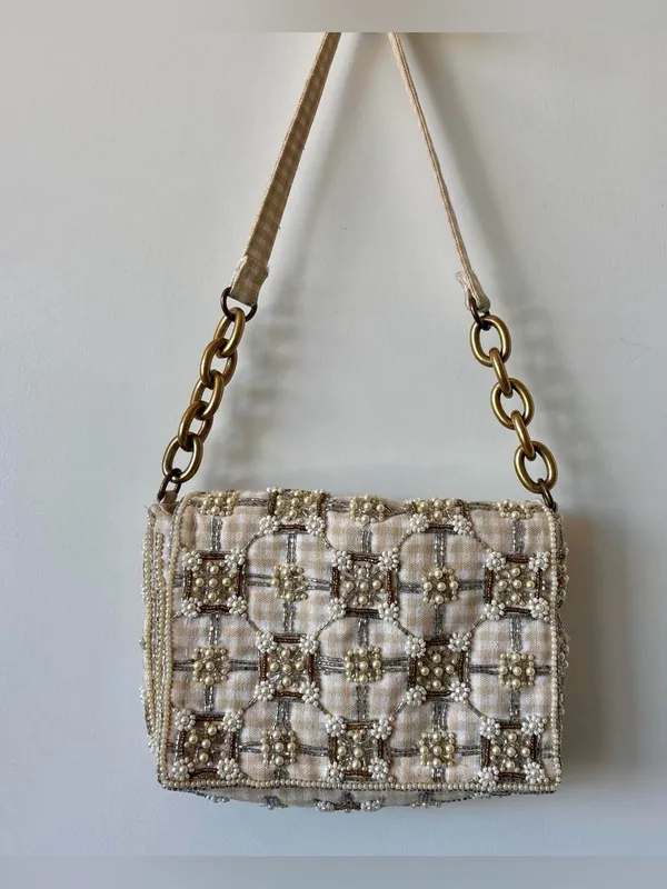 Zara Embellished beaded Cream Pearl-Trim Shoulder Bag - Image 2