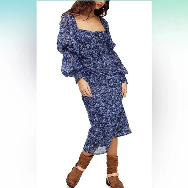Free People Aglow Smocked Dress Sz SM Blue Floral Boho Cottage - Image 3