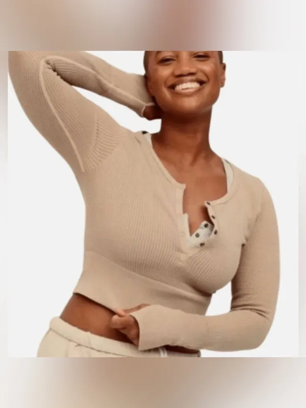 Aerie OFFLINE Main Squeeze Waffle Crop Henley Gray Women’s XL - Image 2