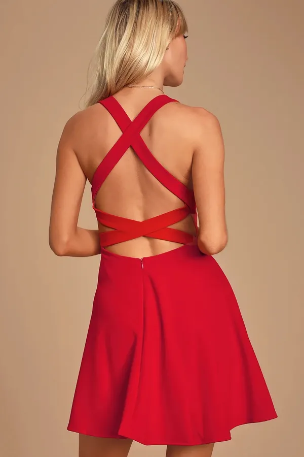 Lulus NWT Katrina Red Strappy Sleeveless Skater Dress - Image 3