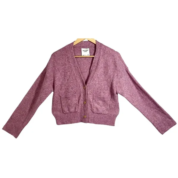 Abercrombie & Fitch Pink Knit Tan Button Pocket Cropped Cardigan Sweater Size XS - Image 3