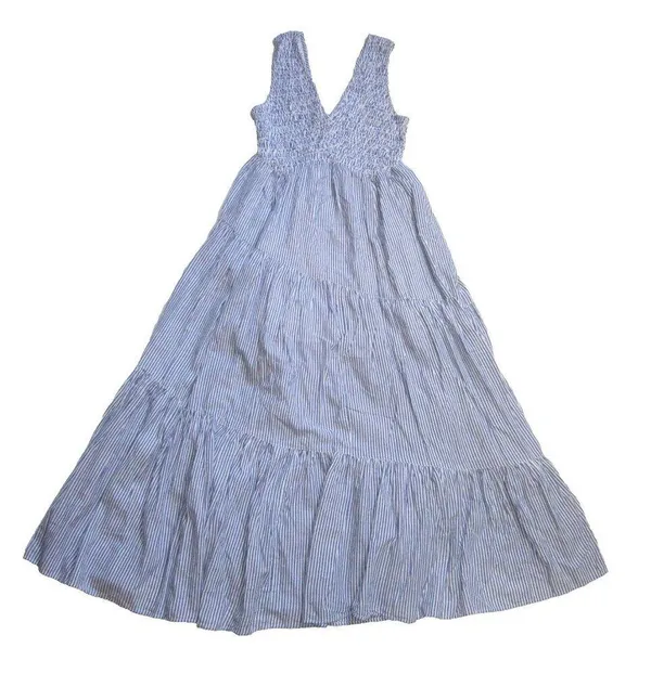 NWT Free People Juno Maxi in Ivory Blue Striped Cotton Smocked Dress S - Image 5