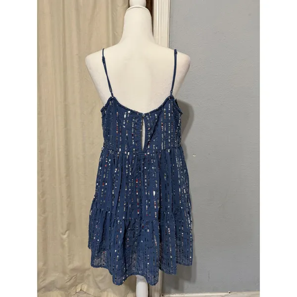 Urban Outfitters Mini Dress L Blue Sequin Babydoll Tiered Square Neck Y2K Indie - Image 5