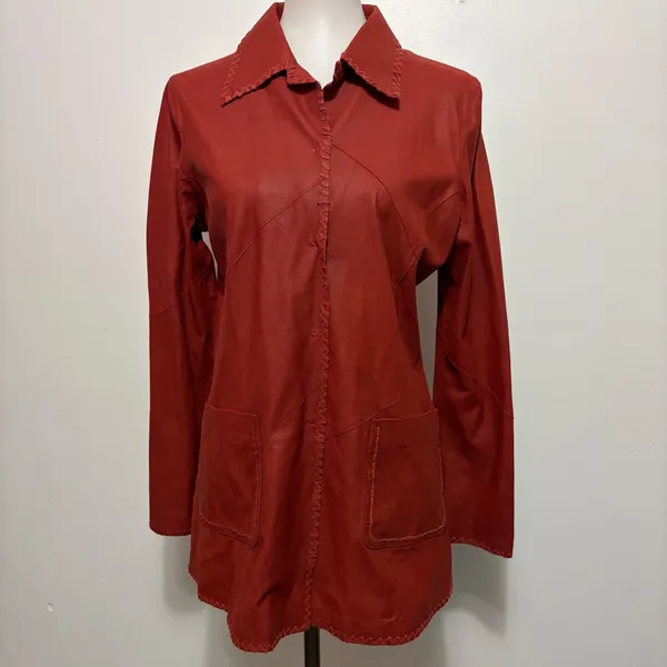 Scully Leather Shirt Jacket M Red Whipstitch Western Boho Snap Front Jacket 90s - Image 2