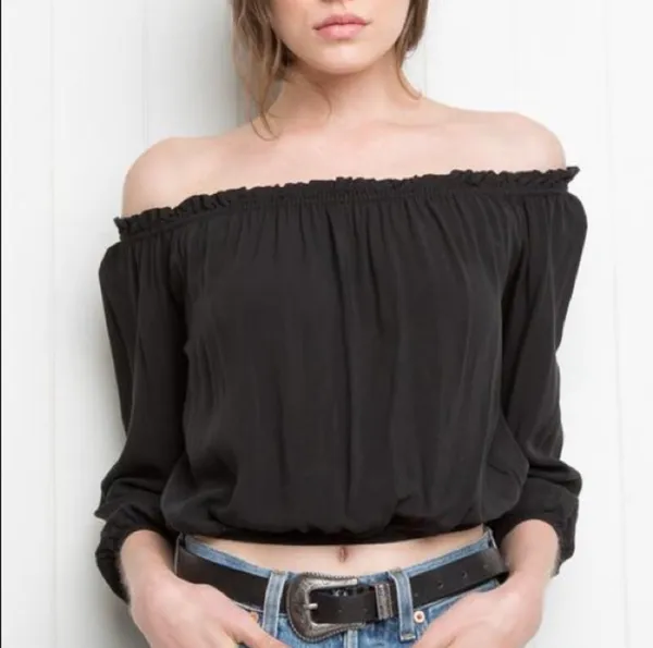 Brandy Melville Black Off the Shoulder Maura Long Sleeve Crop Flowy Ruffle Top - Image 3