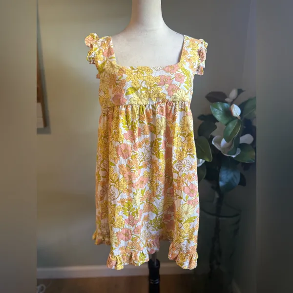 Girl and the Sun Izzy Short Sleeve Floral‎ Mini Dress yellow medium ruffle boho - Image 3