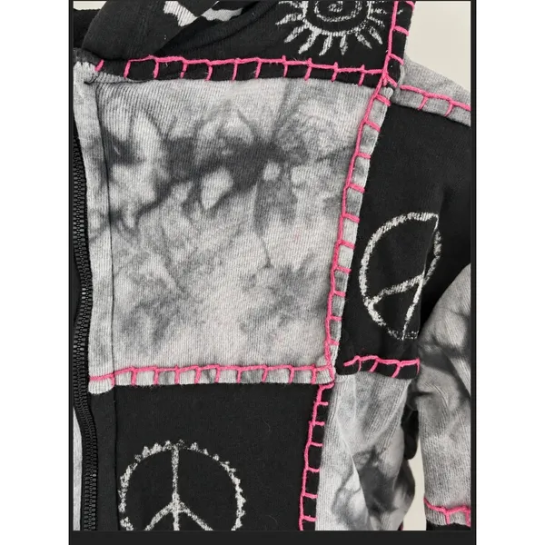 Nepal 100% Cotton Patchwork Tie Dye Peace Sign Zip Up Hoodie Black Pink Sz L/XL - Image 4
