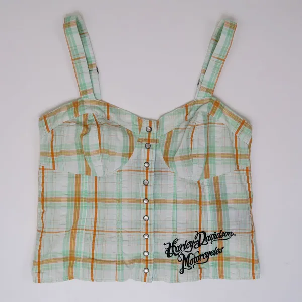 Y2K Harley Davidson Bustier Pearl Snap Plaid Tank Top - Image 4