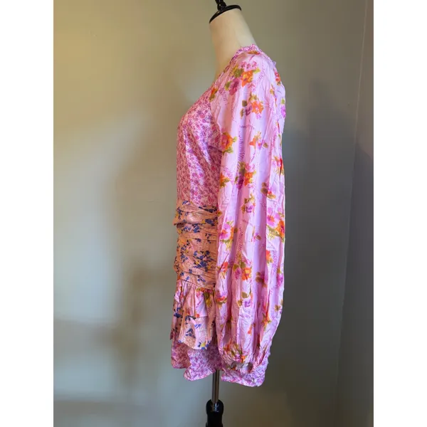 For Love Bell Pink fancy Floral Ruched Mini Dress Long Sleeve Ruffle L dainty y2 - Image 4