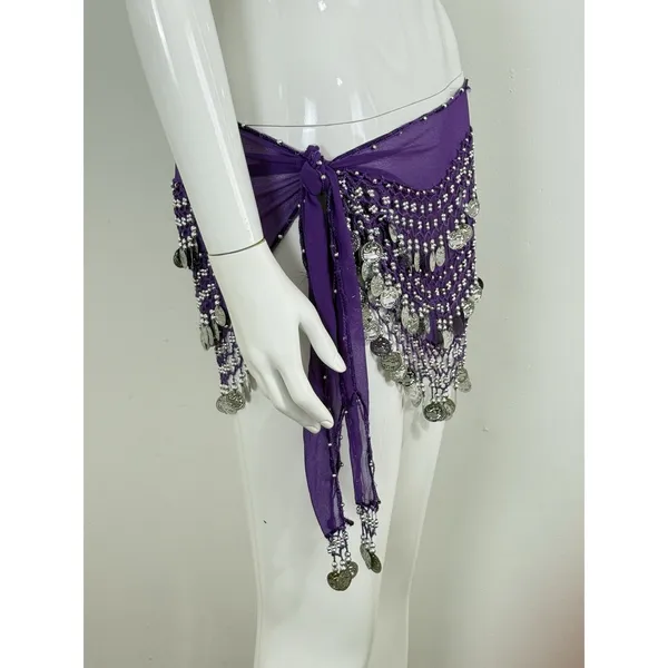 Belly Dance Hip Scarf Coin Belt Purple Chiffon Gold Coins Festival Costume - Image 3