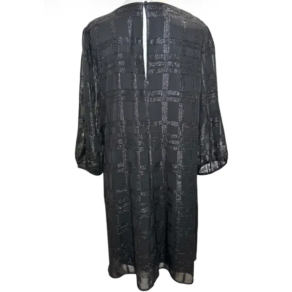 Calvin Klein Metallic Windowpane Trapeze Dress | Black | Size 16 | Sheer Sleeve - Image 7