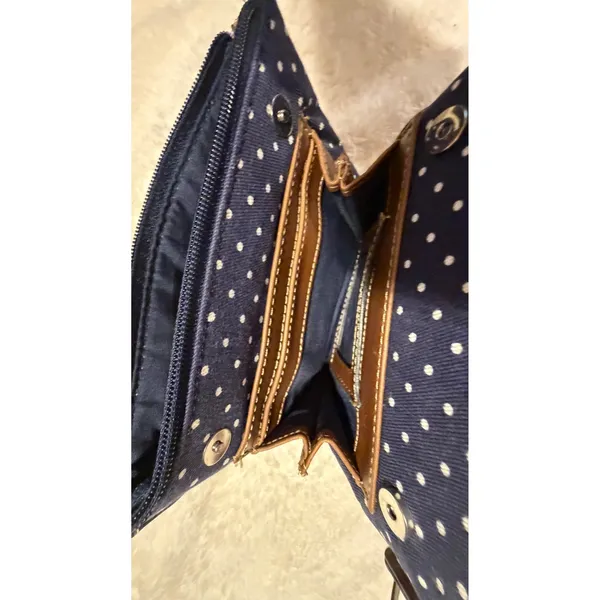 Chaps Navy Blue Polka Dot Crossbody Bag Brown Trim Canvas Small Messenger Purse - Image 9