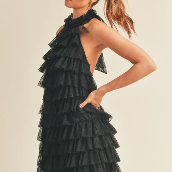 Floral print lace high neck halter ruffle tiered frill mini dress - Image 3