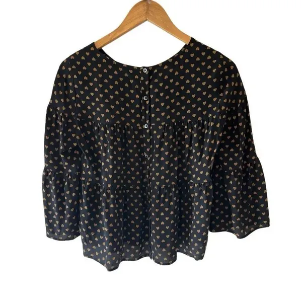 MADEWELL Silk Tiered Button-Back Top Heart Flip Black Gold 3/4 Sleeve Blouse siz - Image 4