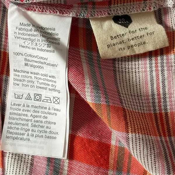 Madewell Orange White Plaid Shirred Cotton Blouse Size XS Oversized Boxy‎ EUC - Image 6