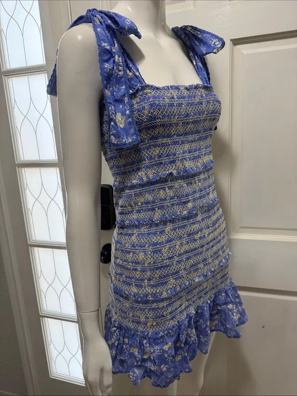 LoveShackFancy Belle Smocked Tie Straps Cotton Mini Dress Blue Jay Floral Print - Image 7