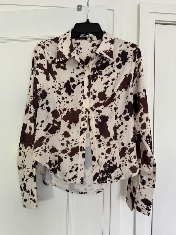 Satin Cow Print Fitted Button Up Shirt - Image 3