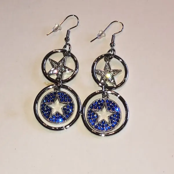 Silver Tone Star Drop Earrings with Blue Crystal Accents - Image 4