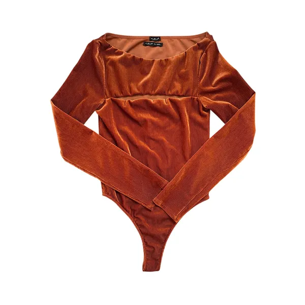 Out From Under Urban Outfitters Rust Ribbed Velvet Cutout Long Sleeve Bodysuit S - Image 2