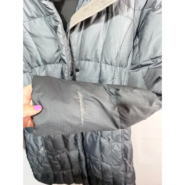 Eddie Bauer Puffer Down Parka Hooded Quilted Jacket Women's PM Medium Steel Gray - Image 3