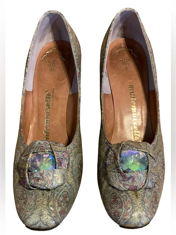 Vintage 1960'S Mademoiselle Light Blue & Gold Brocade Paisley Heels (7.5n) - Image 5
