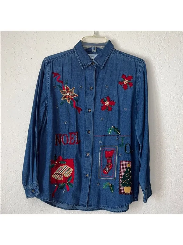Vintage Jean Shirt Denim Shirt Holiday Embroidery Christmas Cottagecore 90s - Image 2