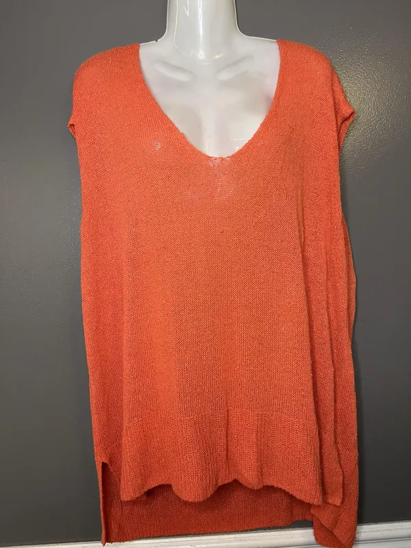 Free People Sweater Tunic Womens Medium Orange Open Knit V Neck Sleeveless Boho - Image 2