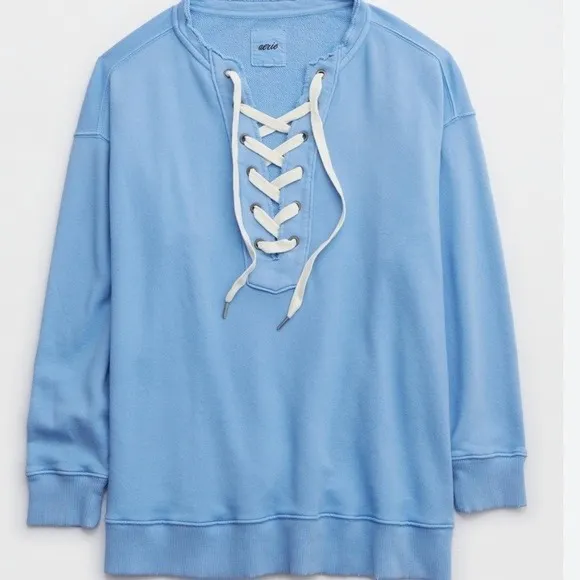 Aerie Light Blue Lace Up Oversized Pullover Sweatshirt XS - Image 2