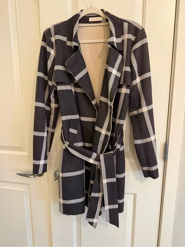 Solitaire Black & Cream Plaid Belted Trench Coat - Image 2