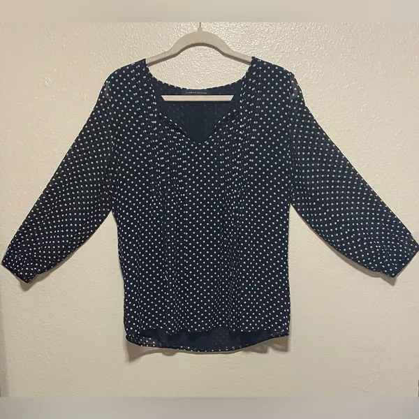 Tommy Hilfiger Navy Polka Dot Tie Front Semi Sheer Blouse Women’s Medium - Image 2