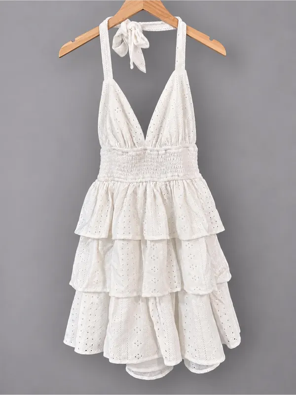 White Halter Tiered Eyelet Mini Dress - Size XS | Windsor - Image 4