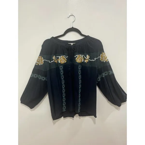 Lucky Brand Embroidered Boho Peasant Blouse Tie Neck M - Image 4