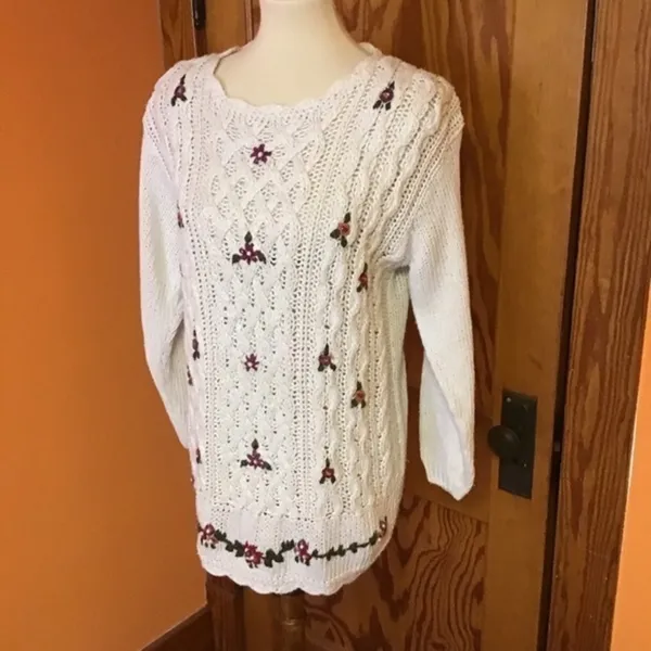 Vintage 90s Cottagecore Floral Embroidered Sweater Cream Knit Cozy Boho - Image 10