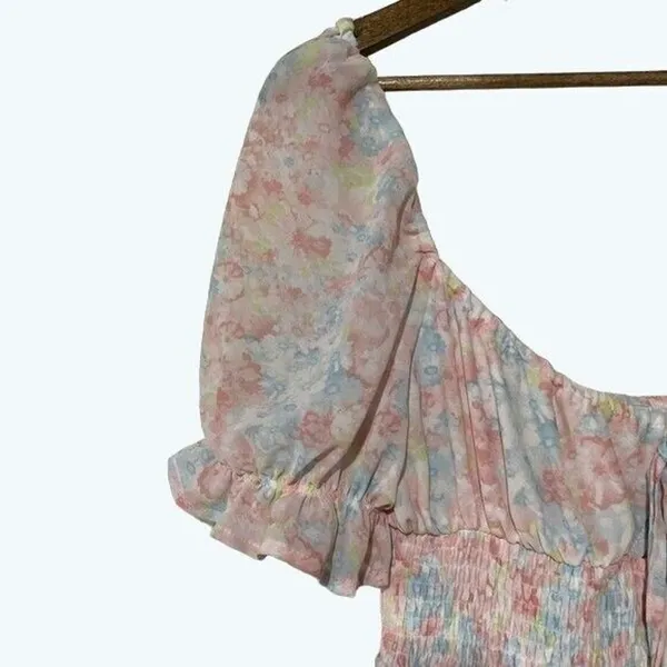 HYFVE Pastel Floral Mini Dress Puff Sleeve Tie Neck Size Large - Image 4