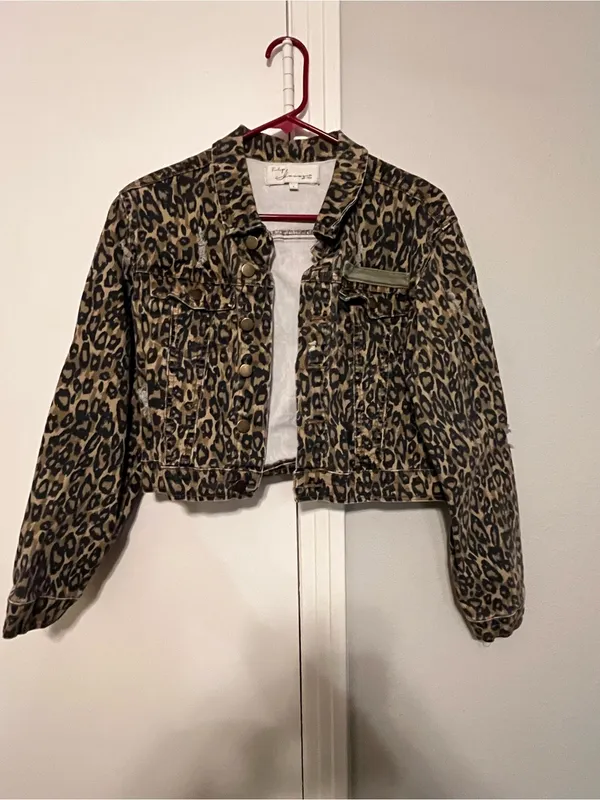 Vintage Havana Leopard Animal Print Stretch Cropped Button Front Jacket Size L - Image 2