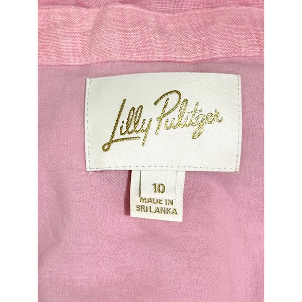 Lilly Pulitzer Pink 100% Linen V-Neck Puff Sleeve Shift‎ Dress Size 10 016977 - Image 3