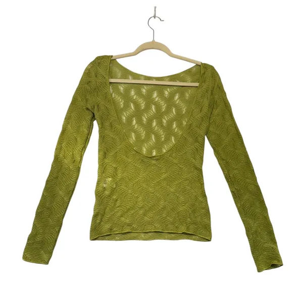 Zara Womens Lime Green Pointelle Knit Open Back Long‎ Sleeve Top Size Medium - Image 4