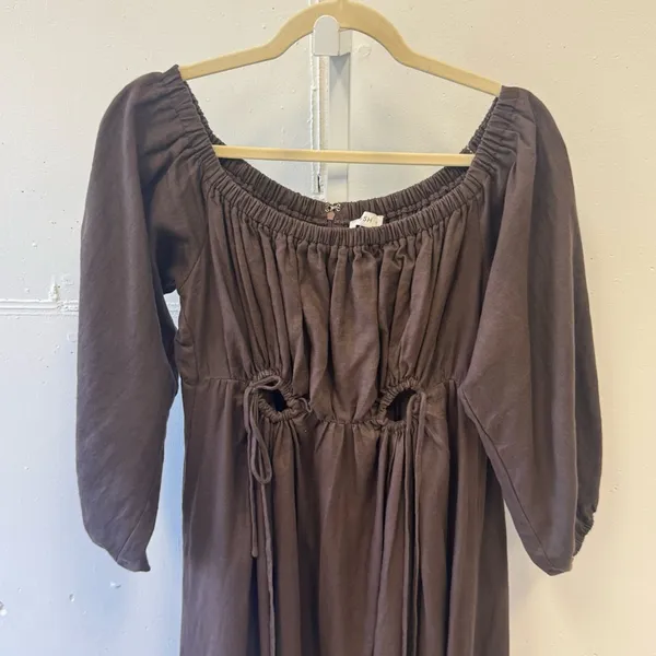 DISSH Linen Boho Western Off The Shoulder Midi Dress Cutouts Brown‎ Sz 12 - Image 3