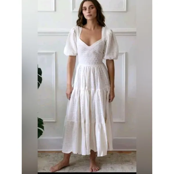 Mille white Eyelet Cotton Maxi Dress summer Women's Size S - Image 5