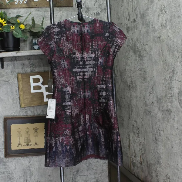 NWT Vince Camuto Womens Jacquard Fit Flare Puff Sleeve Dress VC4M5667 Wine Red 8 - Image 5